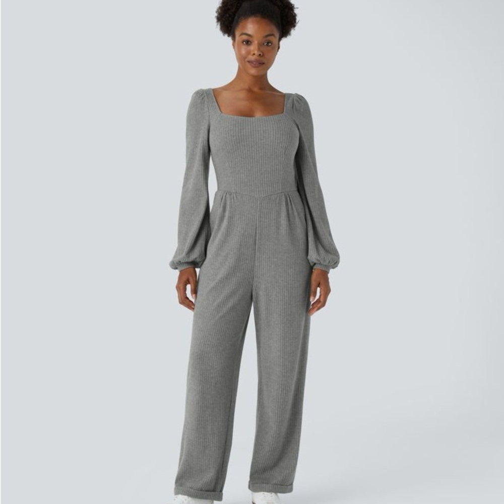 HALARA Gray Jumpsuit with Elegant Balloon Sleeves
